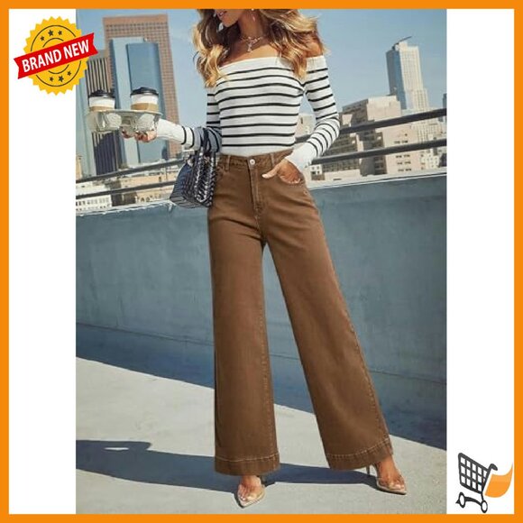 High Waisted Wide Leg Jeans Stretch Denim Pants with Pockets - Picture 4 of 7